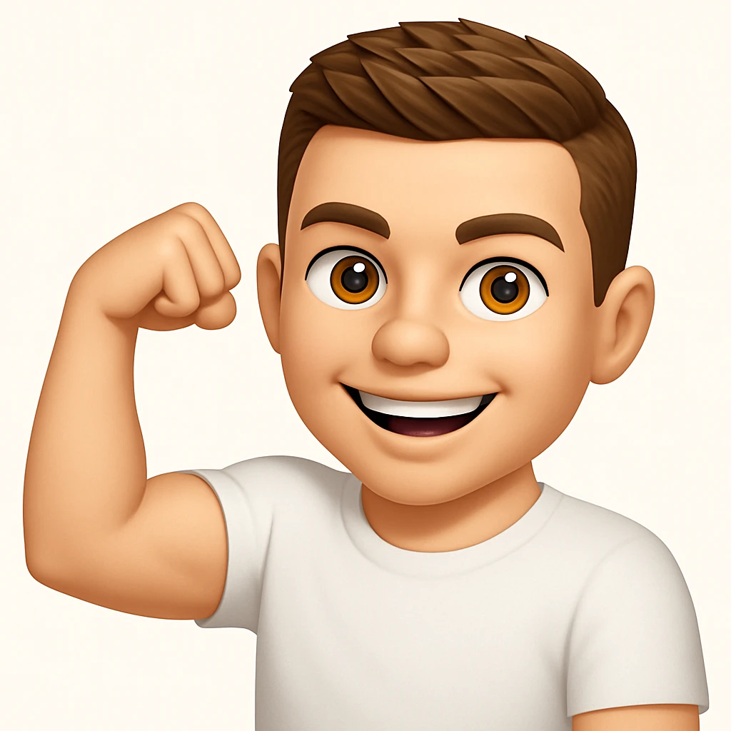 Based on these photos, make an emoji with facial features intact, man in white t-shirt, showing muscles emoji