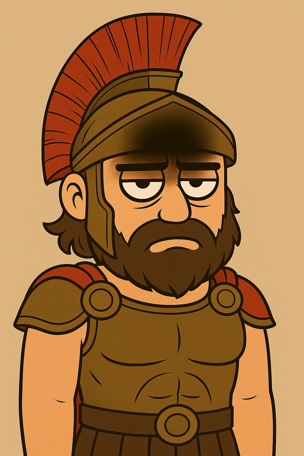 Crop the image to show only the head and upper torso of Ares in an animated cartoon style. Keep the armor and helmet visible. Add a black shadow on his forehead to emphasize a deep discomfort, as if he is very uneasy. Expression should be blasé. emoji