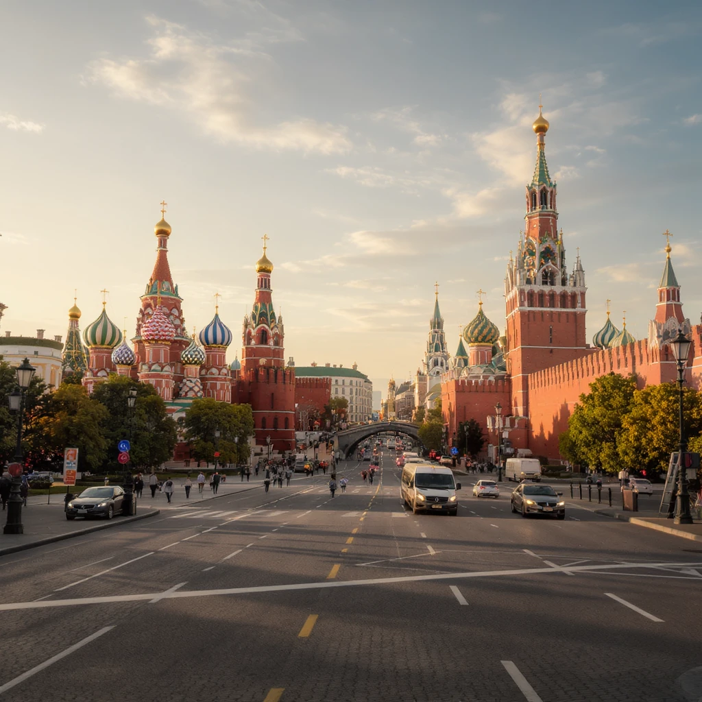 Изометричная миниатюрная 3D модель Москвы на подставке - фотореалистичный Кремль, собор Василия Блаженного, фотореалистичный Башни Москва-Сити, аккуратная детализация, яркие цвета, мультяшный реализм, гуляют люди и современный автотранспорт и метро, компактная композиция, вид сверху в изометрии emoji