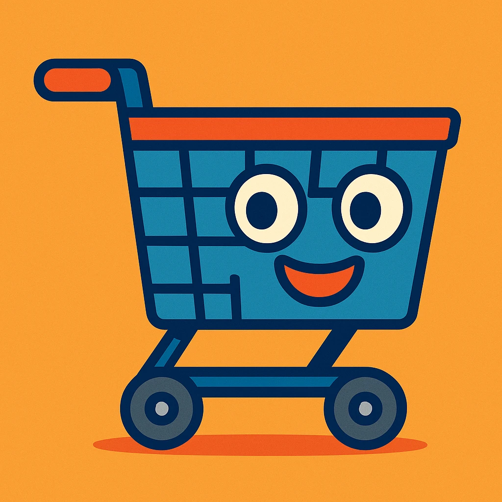 cartoon shopping cart with big eyes and a smile, cute and friendly character emoji
