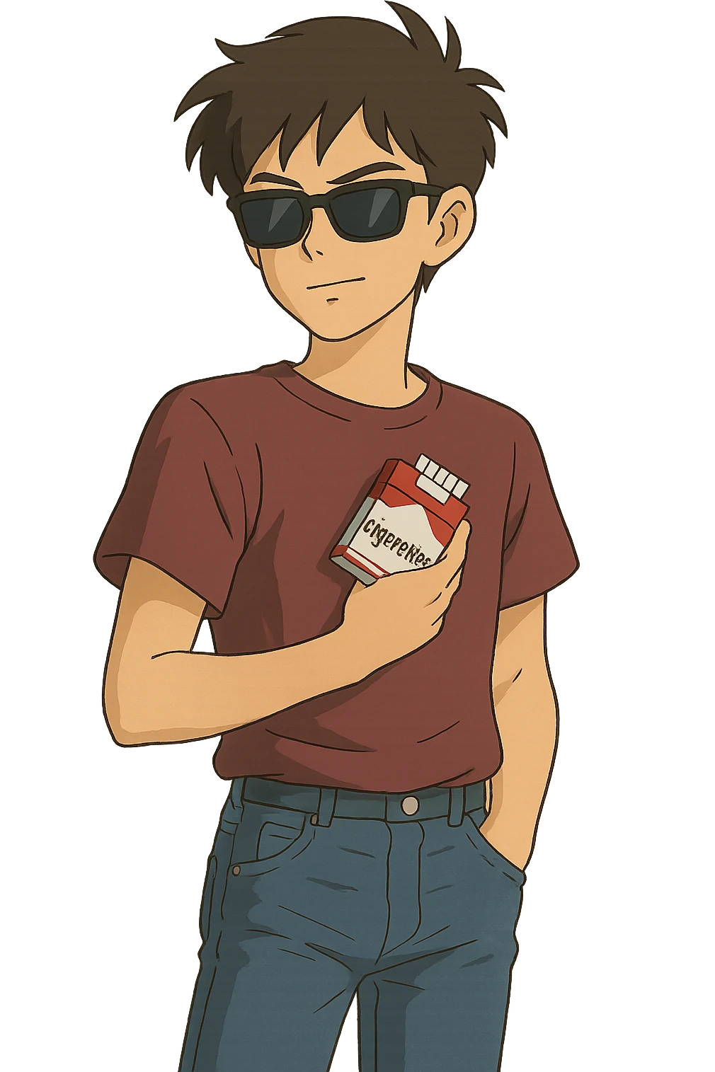 A cool teenager wearing jeans and a t.shirt holding a packet of cigarettes close to his body emoji
