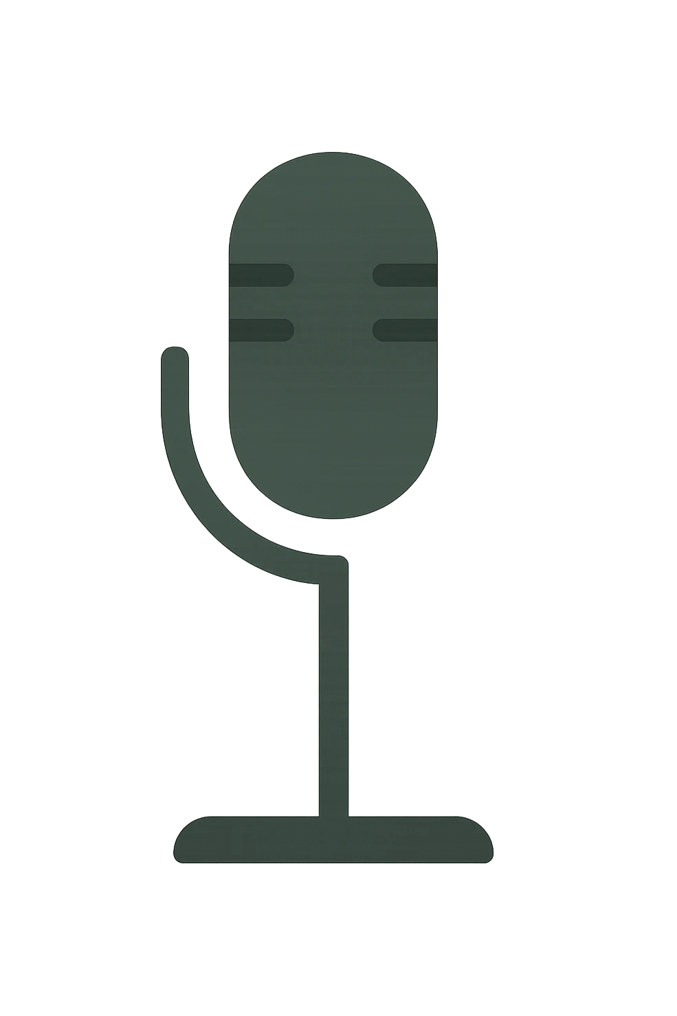 Create a minimalist microphone on a stand with the shape as shown in the reference image. Use a dark green color. The style should resemble iOS emoji style, without any smileys or faces. Transparent background. emoji