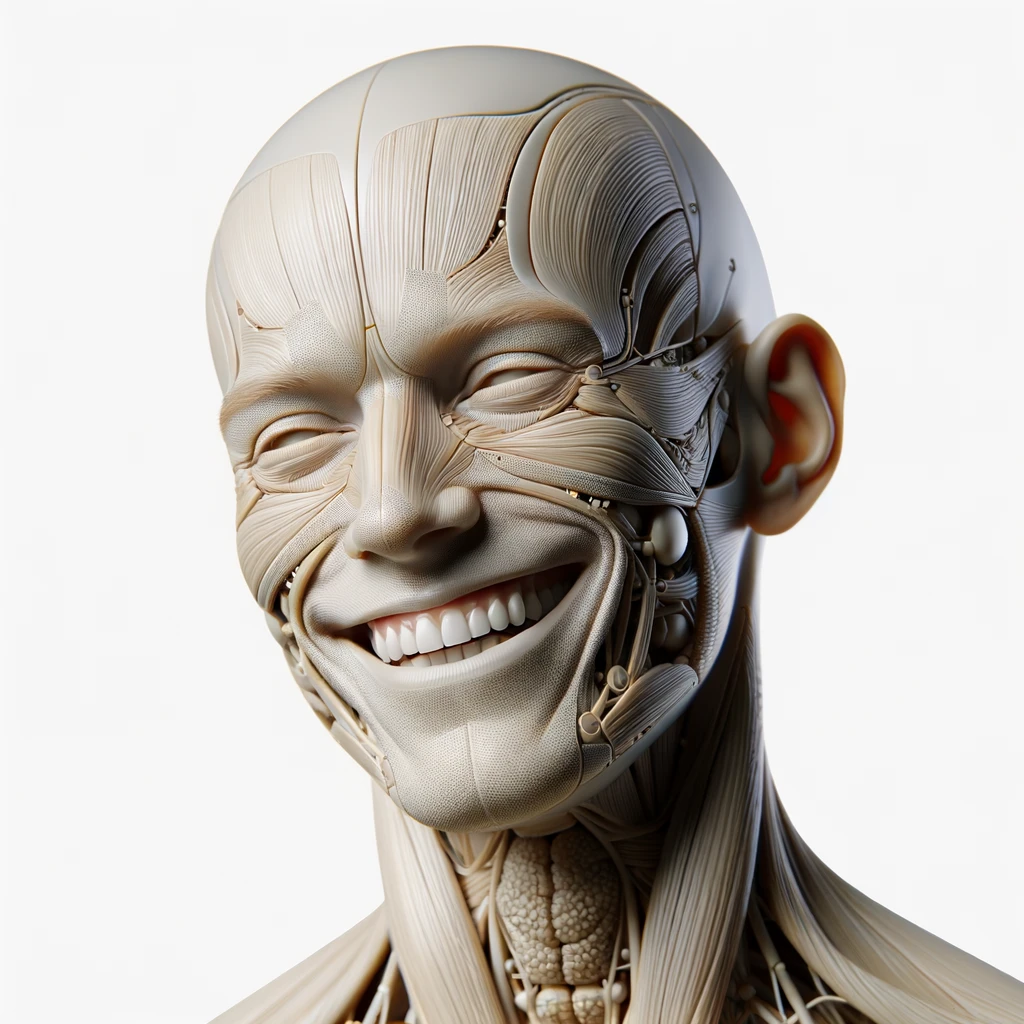 corpo umano anatomico a figura intera che sorride rilassato, iperrealistico 4k, isolato su sfondo bianco emoji