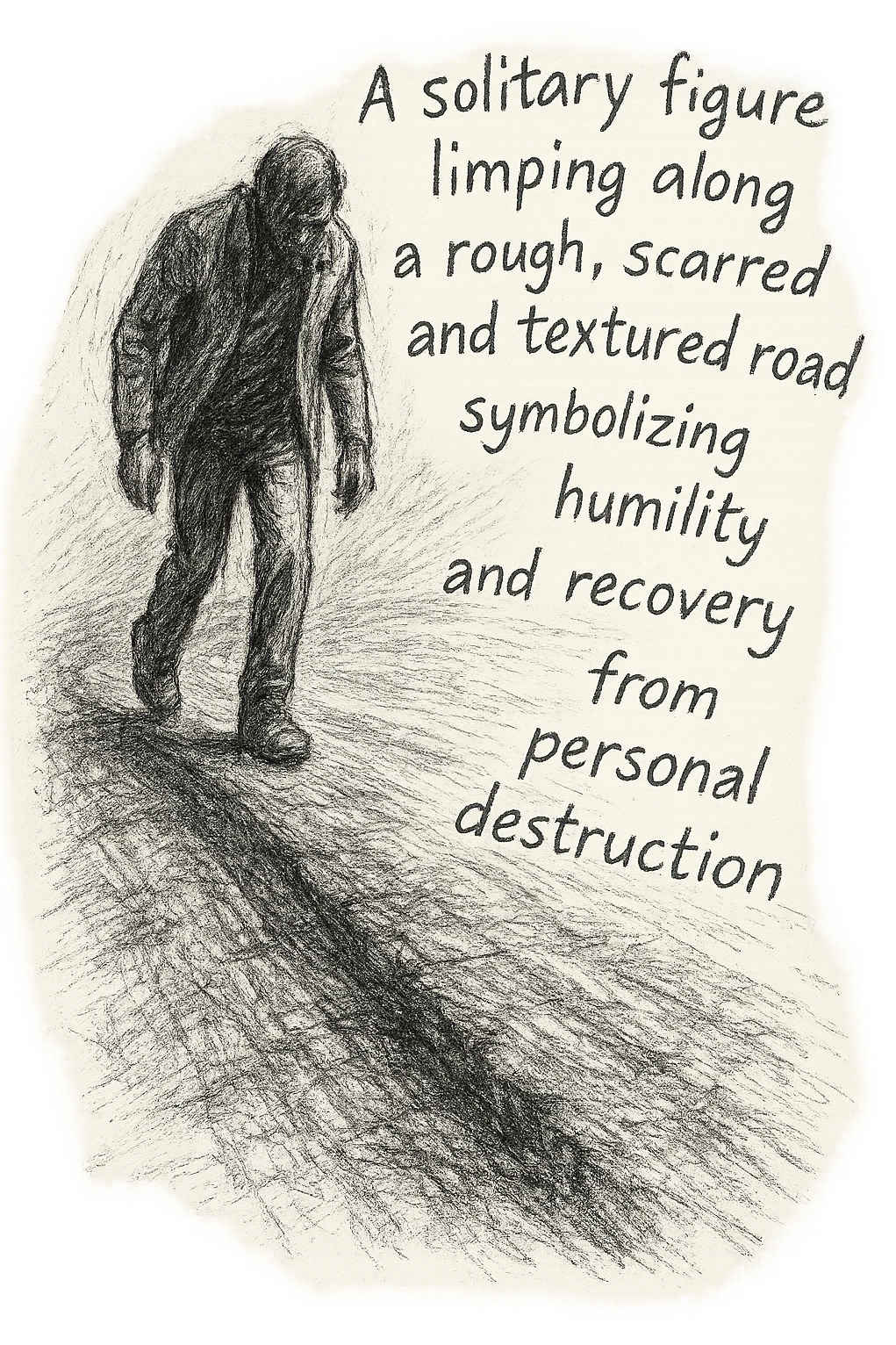 black and white pencil sketch of a solitary figure limping along a rough, scarred, and textured road symbolizing humility and recovery from personal destruction, dramatic lighting, poem text integrated into the sketch flowing along the road or around the figure in a handwritten or sketched style, no background emoji