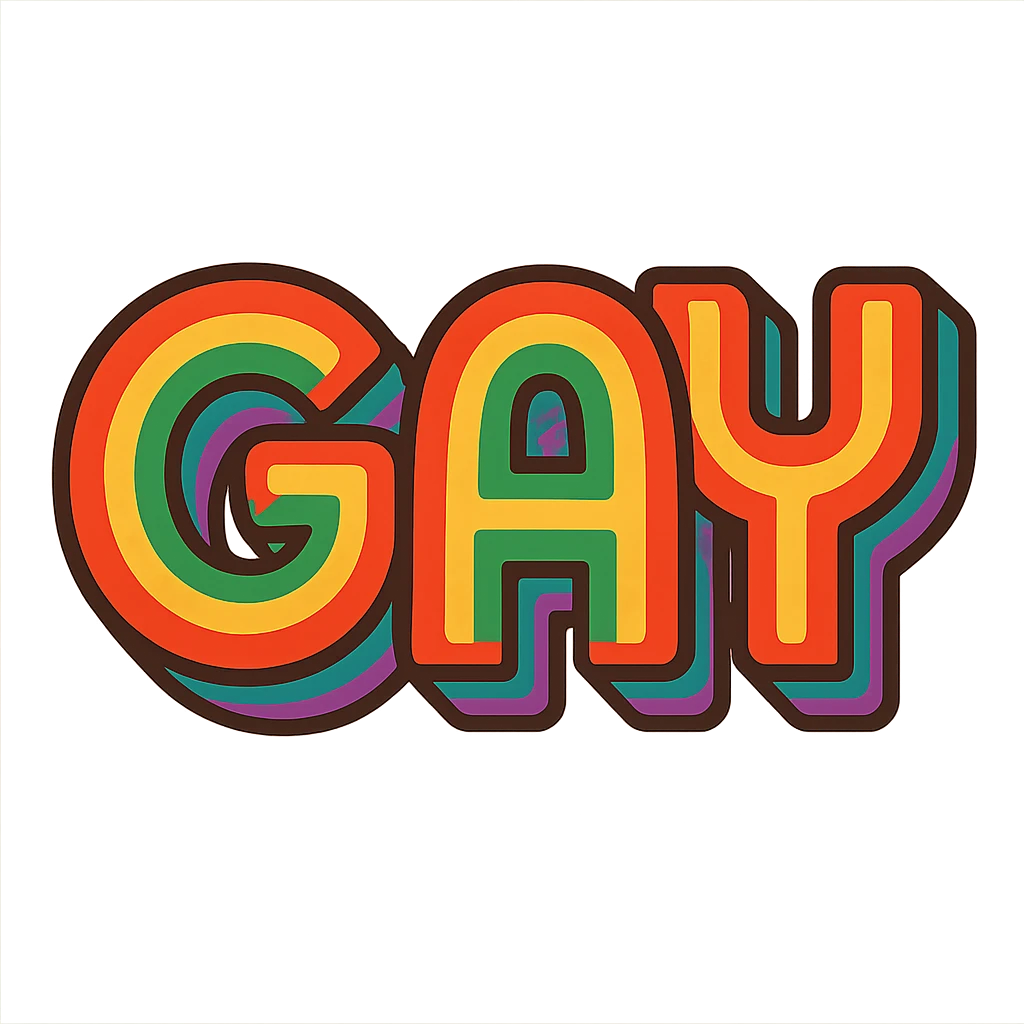 the word GAY in a retro 70s font with rainbow stripes emoji