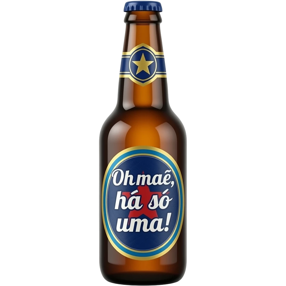 garrafa de cerveja com logo a dizer "Oh mãe, há só uma!" em português emoji