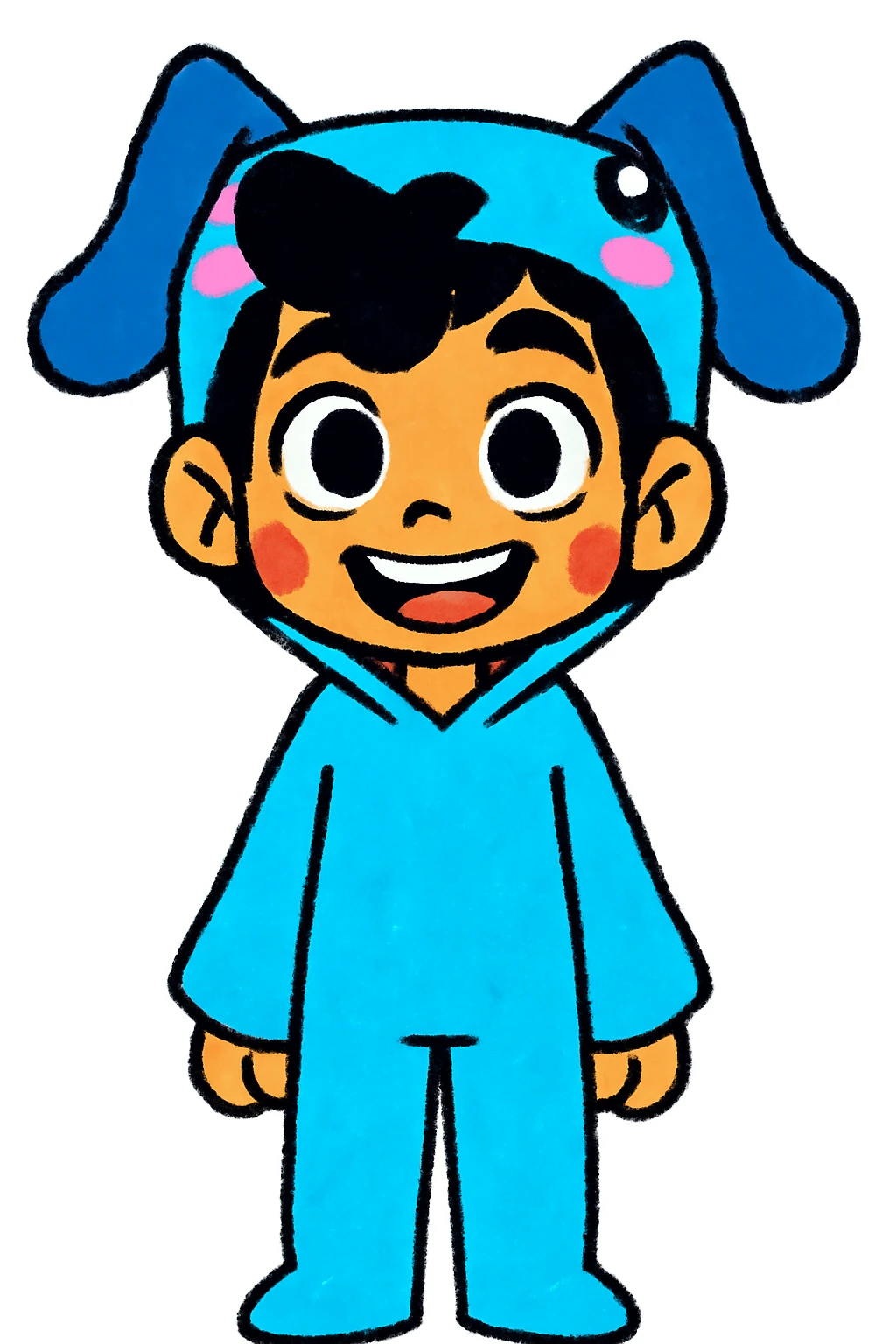 Keep the picture quality and style exactly the same as the original image. Change the character's expression to a happy look, maintaining the same style and details. emoji