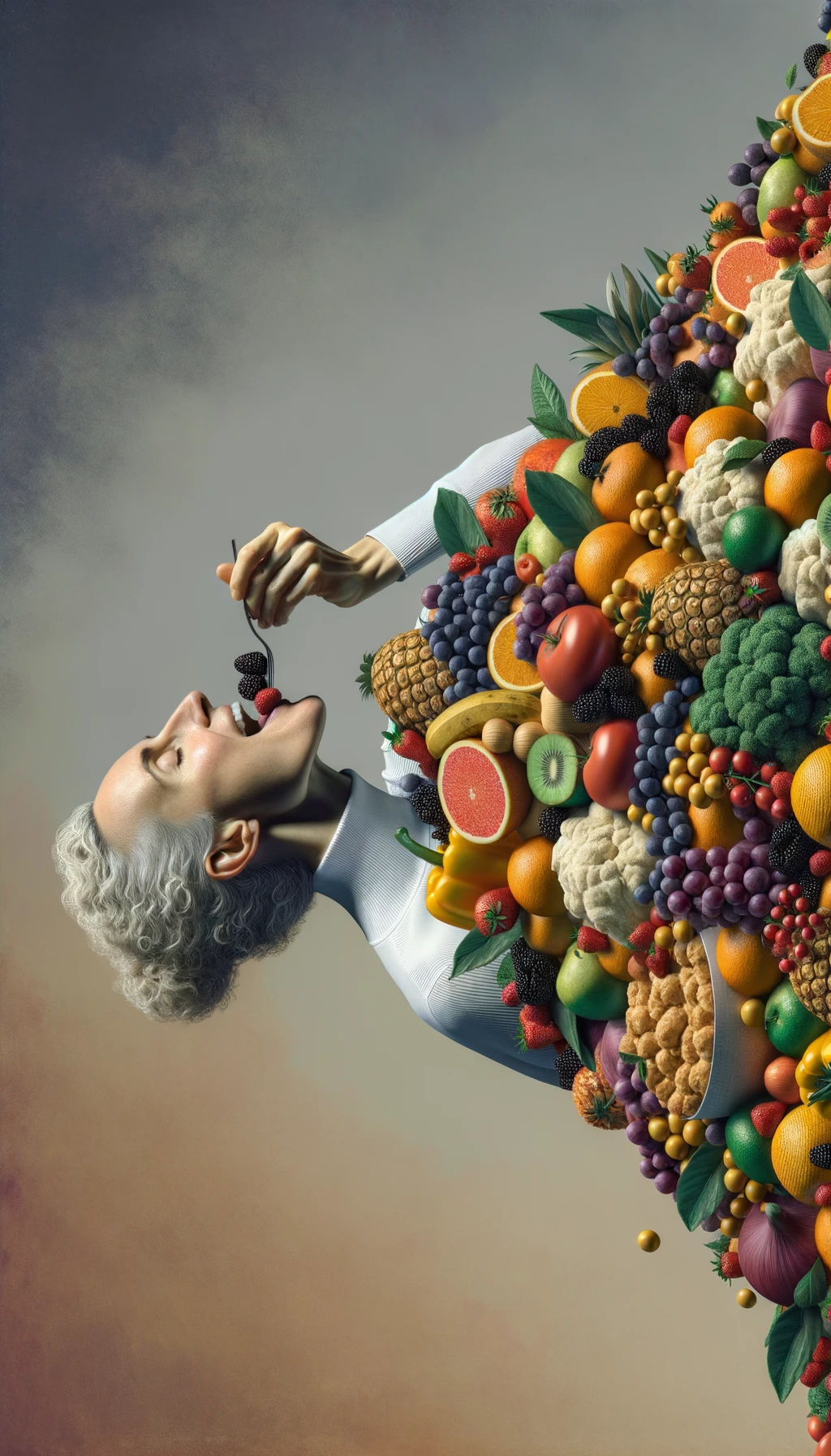 donna che mangia una montagna di frutta e verdura, SFONDO CHIARO NEUTRO, colori realistici, iperrealistico 4k emoji