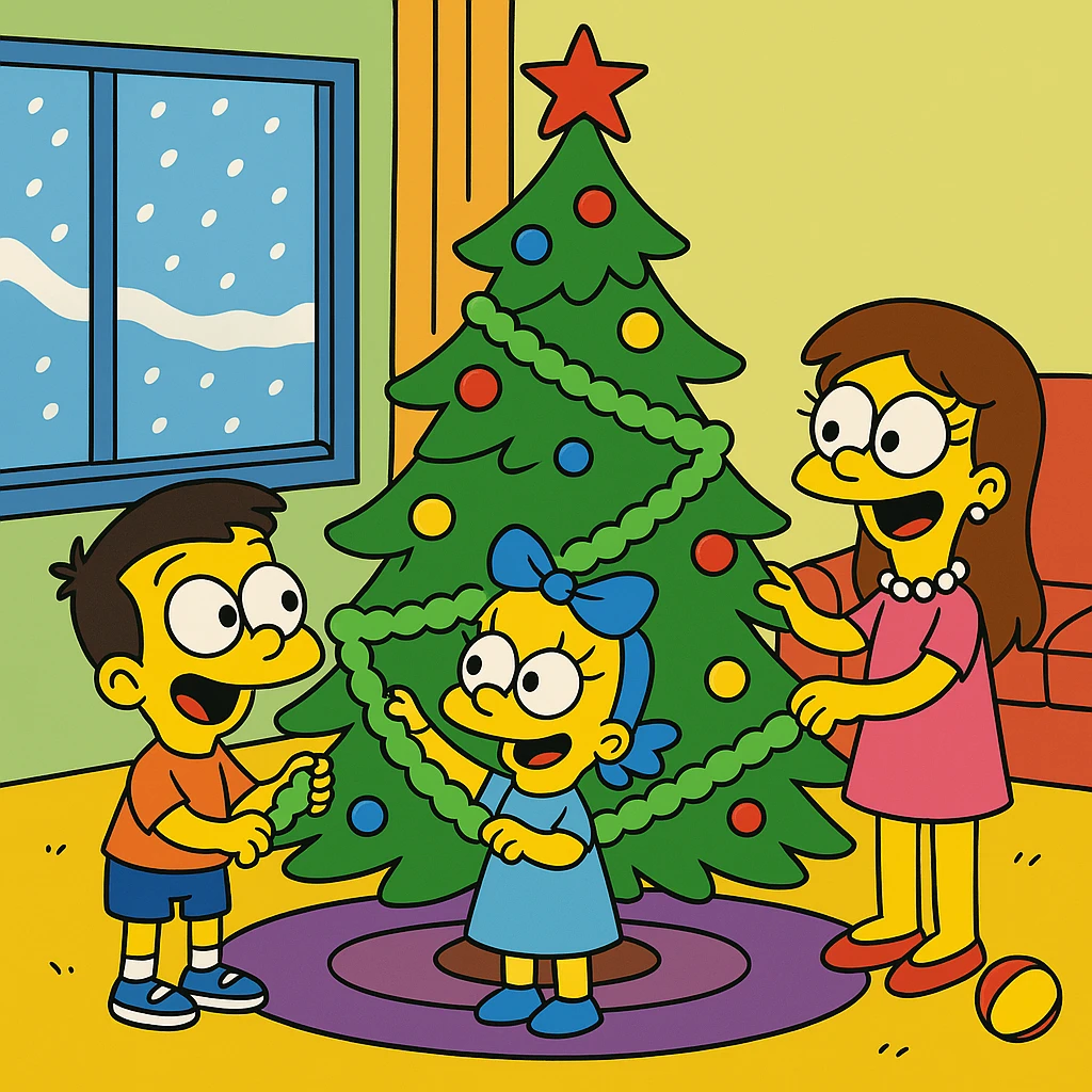 little children decorating a Christmas tree in the living room with tinsel. It's snowing outside the window emoji