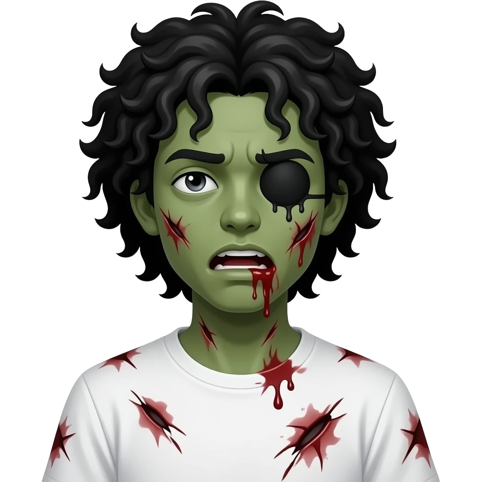 low quality, dark green skin zombie, black long curly 3c type hair, mouth slightly open with blood leaking out of mouth, wounds and on zombie, white regular tee shirt, a young teenager, no wrinkles on face at all, eyes blacked out all the way with one eye shut, bloody cuts, one eye shut emoji