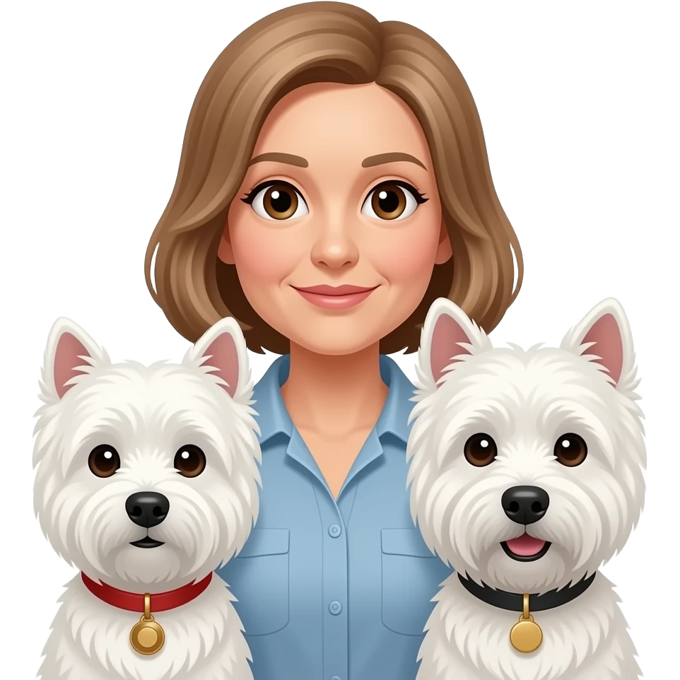 Middle age woman brown eyes , shoulder length light brown hair, with a female westie and a male westie emoji