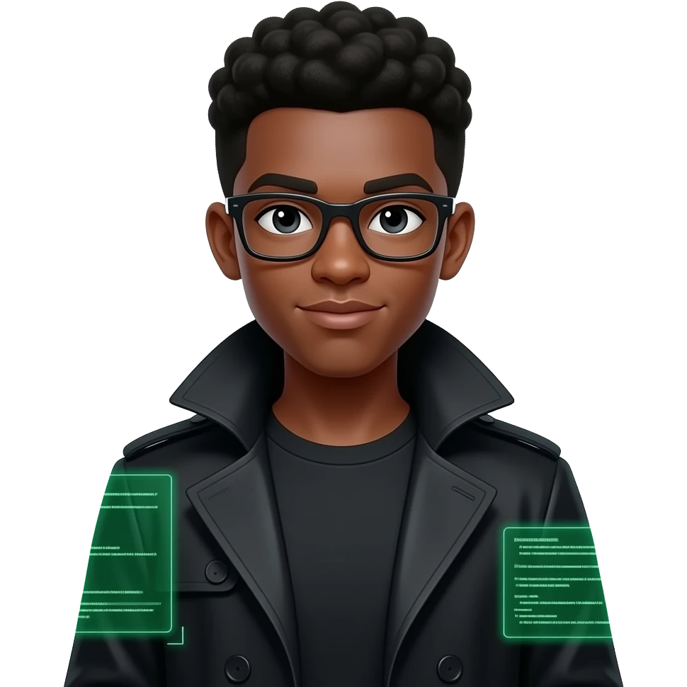 A young Black tech geek in a Matrix-style world, surrounded by green code and holographic UI. Black trench coat, smart glasses, cinematic cyberpunk lighting, ultra-realistic. emoji