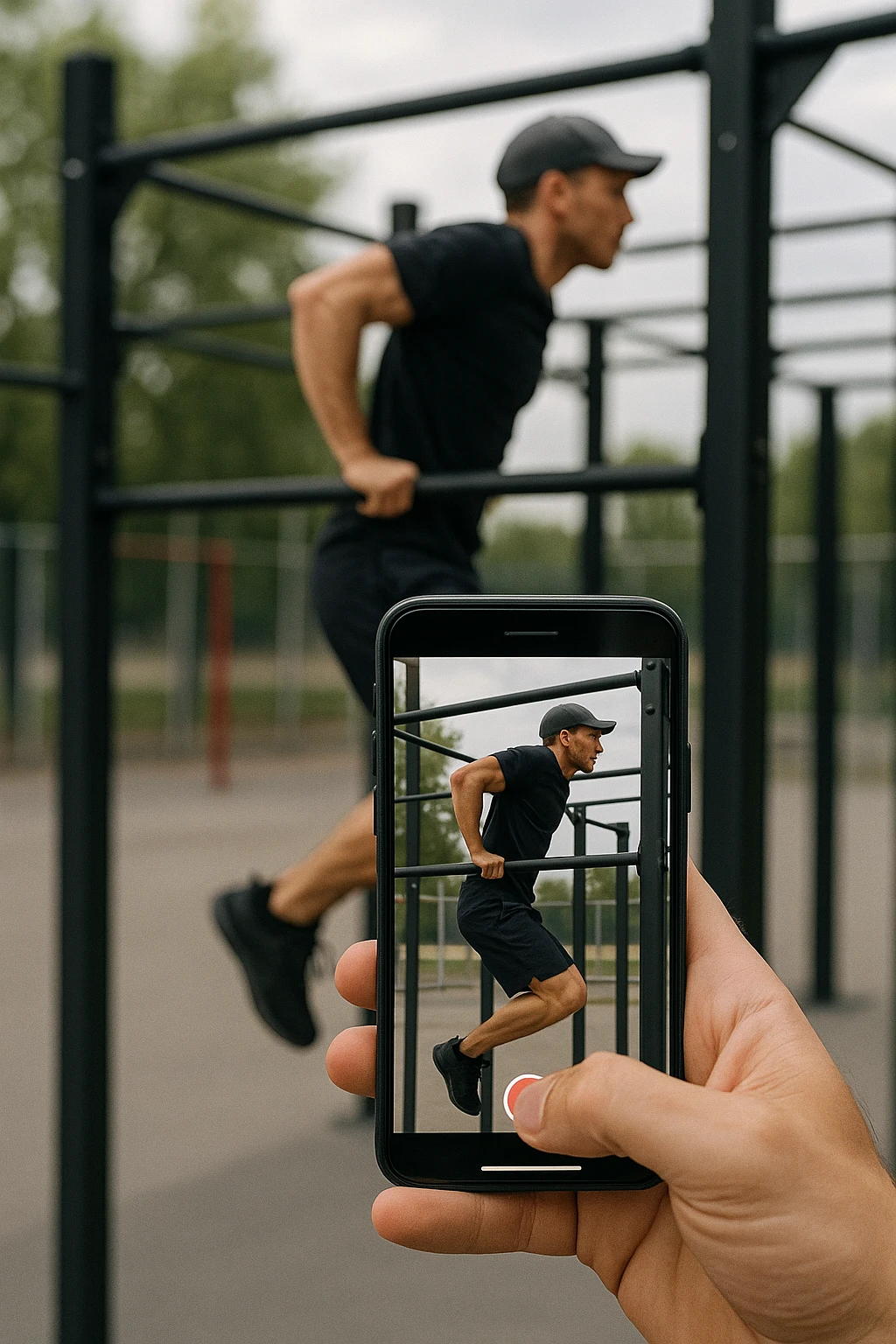 uomo che fa Muscle up e si sta filmando di lato con il telefonino che lo riprende mentre si allena, così da analizzarsi dopo emoji