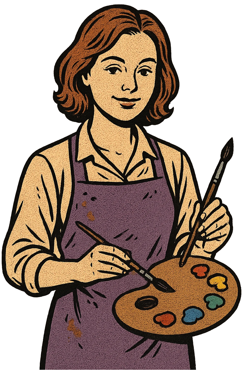 Serene female oil painter, Caucasian features, shoulder-length auburn hair, soft brown eyes, gentle smile, wearing a violet painter’s apron lightly stained with paint over a beige blouse, holding a wooden palette with vibrant colors in one hand and a brush in the other, waist-up, front-facing emoji