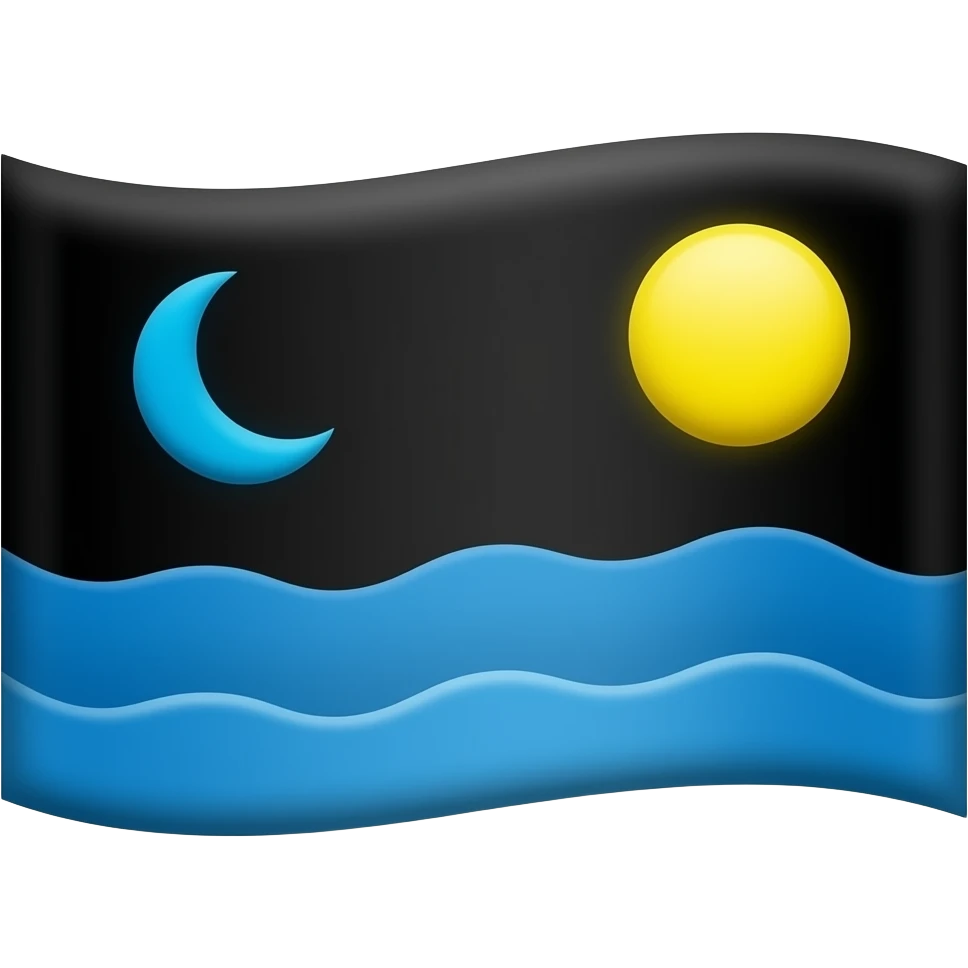일단 국기 생성 할건데 왼쪽 위쯤에 하늘색 초승달이 있고 오른쪽 위쯤에는 둥그런 해가 있어 노란색으로 배경은 검은이고 맨 밑에 1/5 정도 국기 비율을 잡아먹는 파란 물결이 있어 emoji
