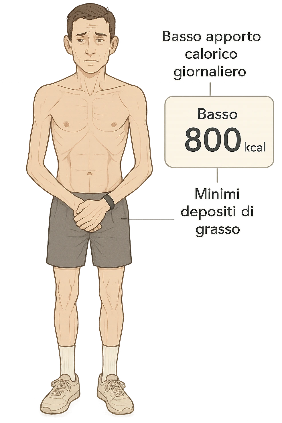 a lean man stands in a clinical setting, with a semi-transparent overlay showing reduced muscle mass and minimal fat stores. His expression is slightly fatigued, and a digital chart beside him displays a low daily calorie intake. The background is clean and modern, emphasizing the effects of a low-calorie diet. con scritte in italiano emoji