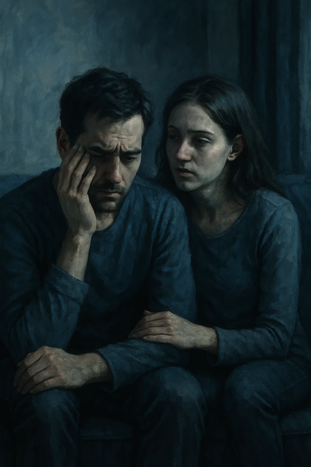 Vertical format: A couple sitting on a sofa, the man immersed in his negative thoughts, the woman seeming to absorb his energy, tense atmosphere, cool colors. emoji
