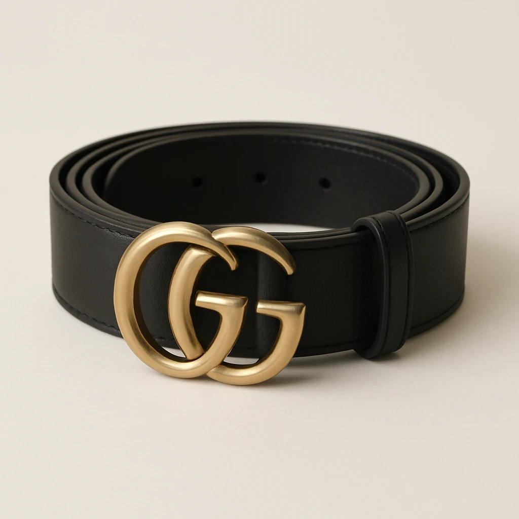 a Gucci belt, coiled with visible GG buckle, black leather, luxury branding, minimalistic style emoji