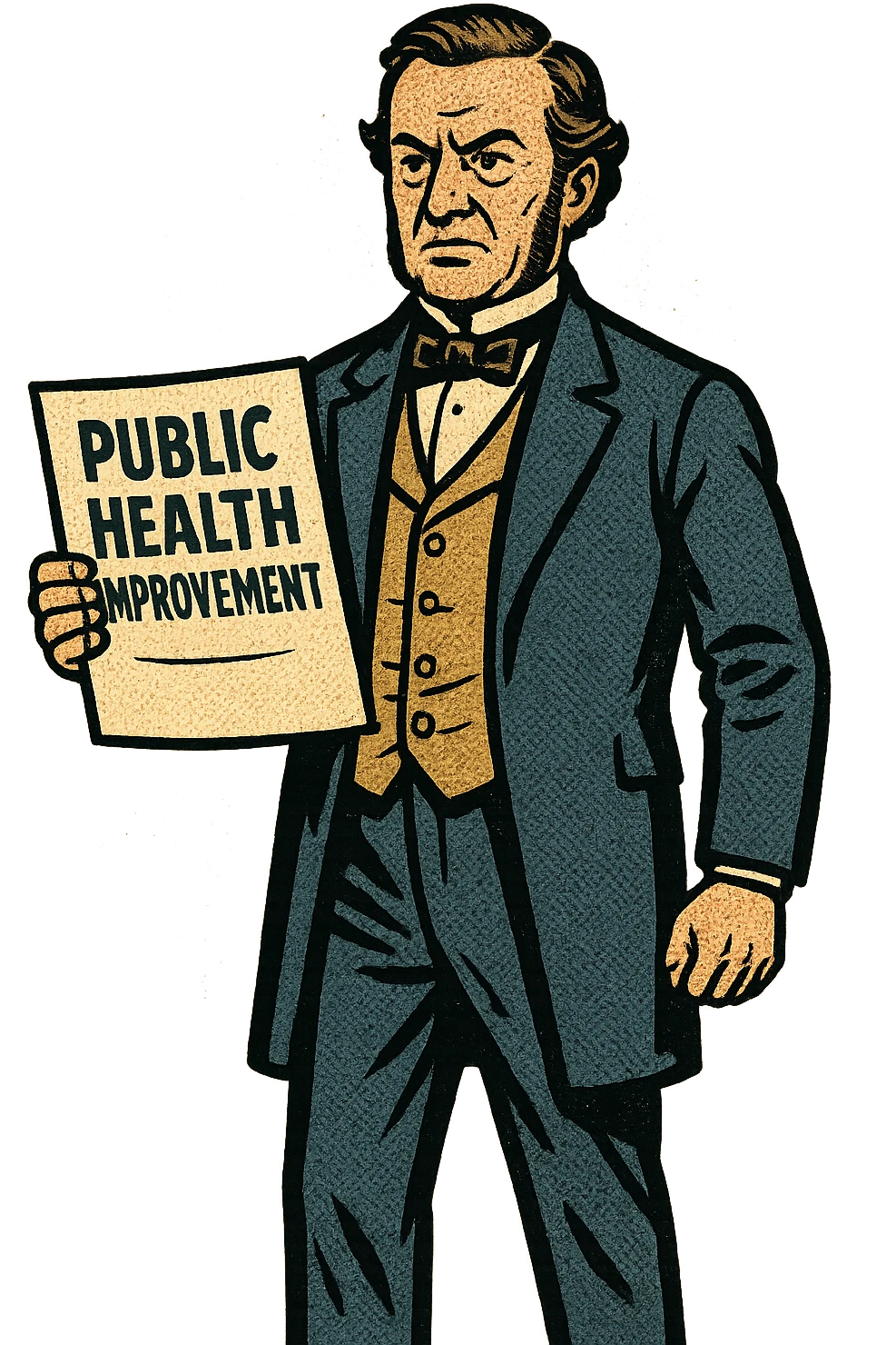 the full image of a middle aged victorian politician holding a document in his right hand which reads 'Public Health Improvement'. emoji