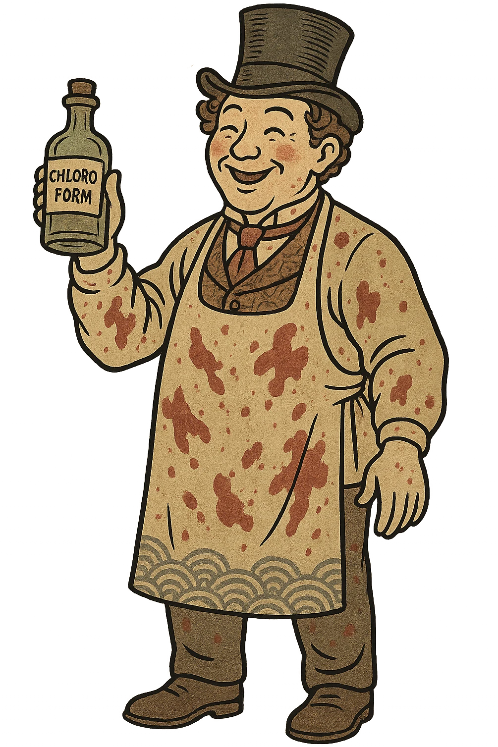 Victorian surgeon looking happy covered in blood stains and holding a bottle of chloroform emoji