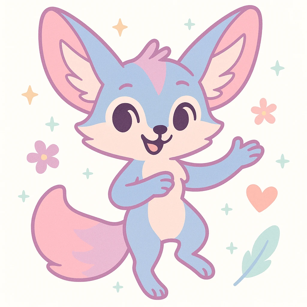 female anthropomorphic fennec fox, unique style blending kawaii and magical elegance, blue and pastel pink fur with fairy mauve highlights, large eyes shining with humor and softness, dynamic and benevolent posture, subtle motifs of stars, flowers, hearts or feathers, embodying hope, harmony, freedom, peace, mutual aid, acceptance, self-confidence, mischievous version emoji