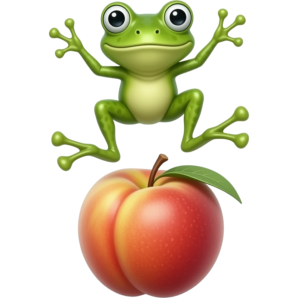 Frog & Peach Pub: stylish 3D emoji style, glossy surface, soft shadows, white background, centered, no text, frog character jumping over peach, big expressive eyes, bright green, emoji