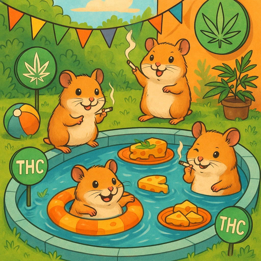Hamsters celebrating a weed-themed pool party, some holding tiny joints, cheese platters floating in the pool, and THC symbols on decorations, fun and mischievous atmosphere. emoji