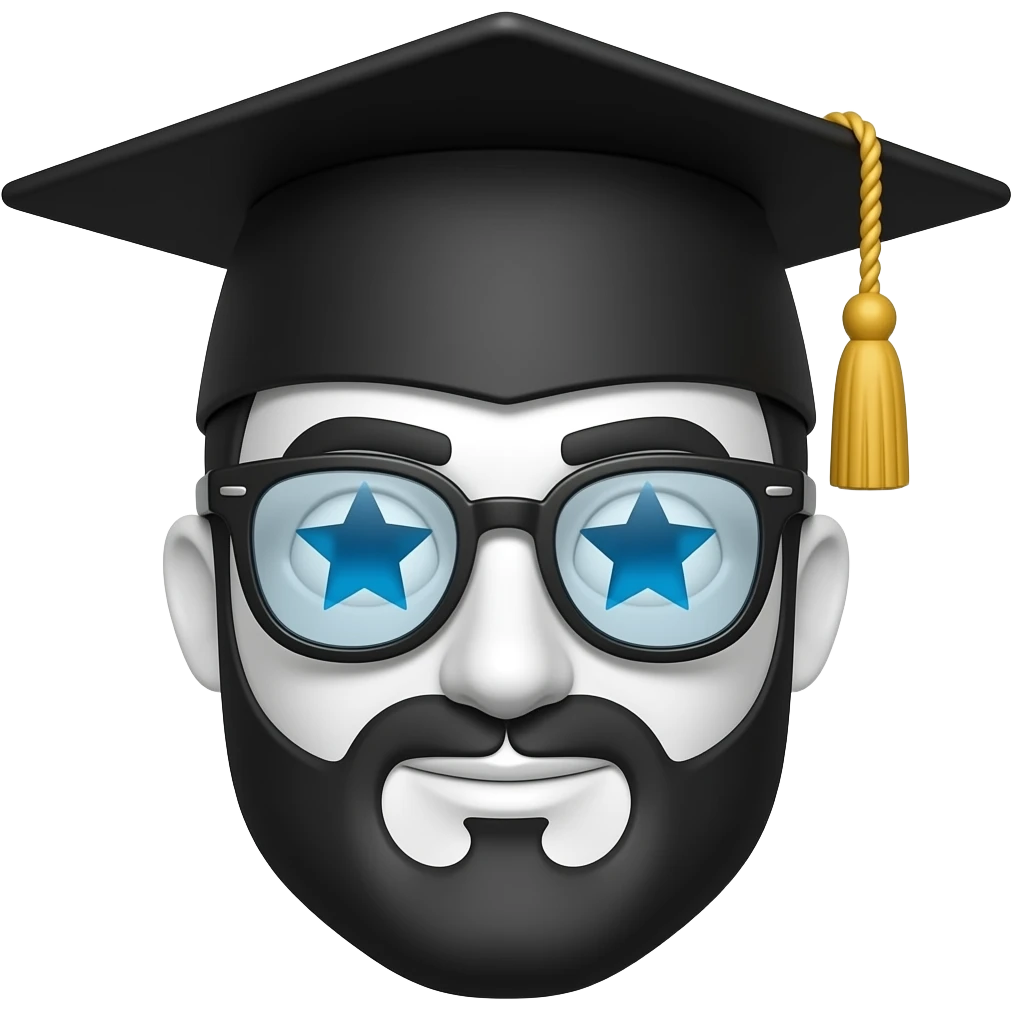 white emoji face with blue star eyes, black beard, wayfarer glasses, graduation cap with gold tassel, cartoon style, white background emoji