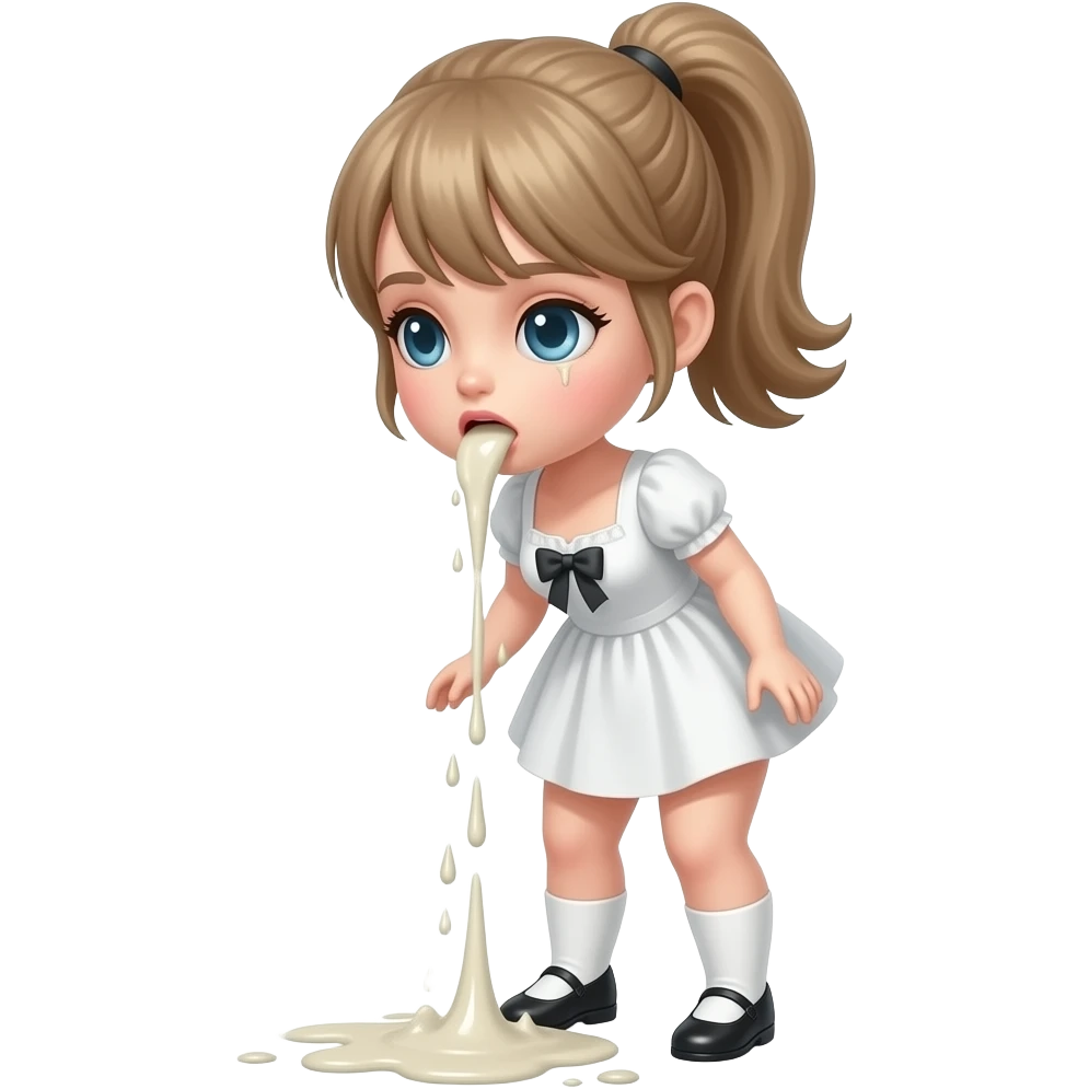 A full-body doll with a pretty ponytail is vomiting through her mouth, spewing it out onto the floor at her feet emoji