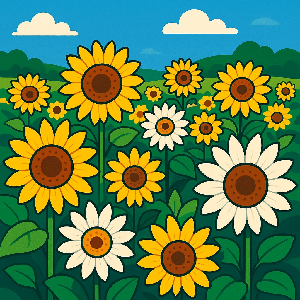 campo de girasoles amarillos con algunos girasoles blancos, estilo ilustración vibrante, enfoque en contraste de colores y alegría, fondo natural emoji