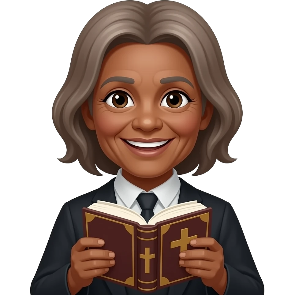 wise old woman with greying brown hair black skin smile with book that has a cross on it emoji