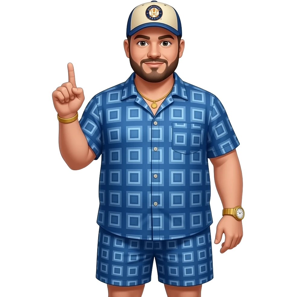 Chubby man with apricot skin tone with lightly shaved black beard wearing a blue button down short sleeve shirt with matching shorts with square pattern designs wearing an all beige color Huston Astros logo baseball cap wearing a gold tennis necklace and a gold wrist watch pointing finger up emoji