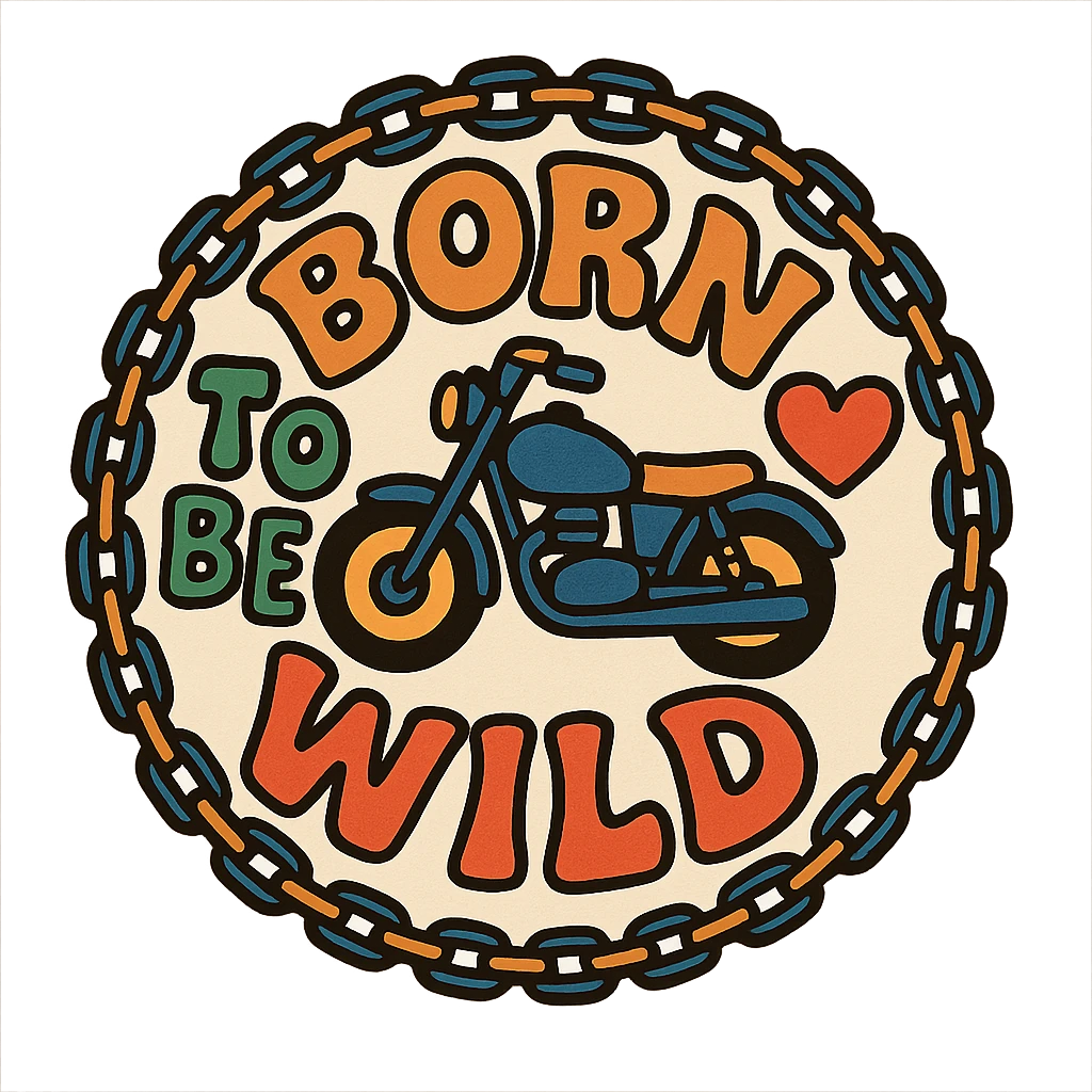 circular motorcycle cap design with transparent background, text 'Born to be wild', motif: chain, motorcycle, heart, friendly style emoji
