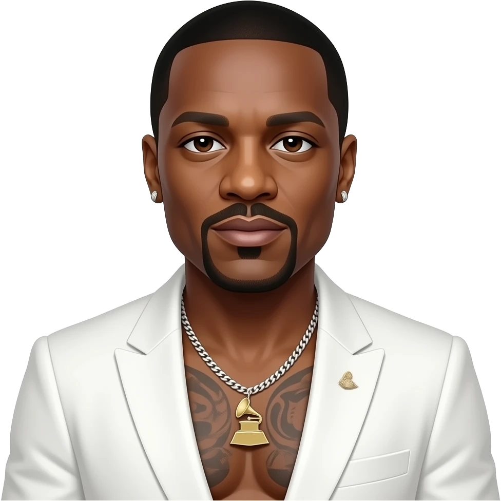 P Diddy with brown eyes, black buzz cut hair, white grammy suit jacket, shirtless with necklace and earrings emoji