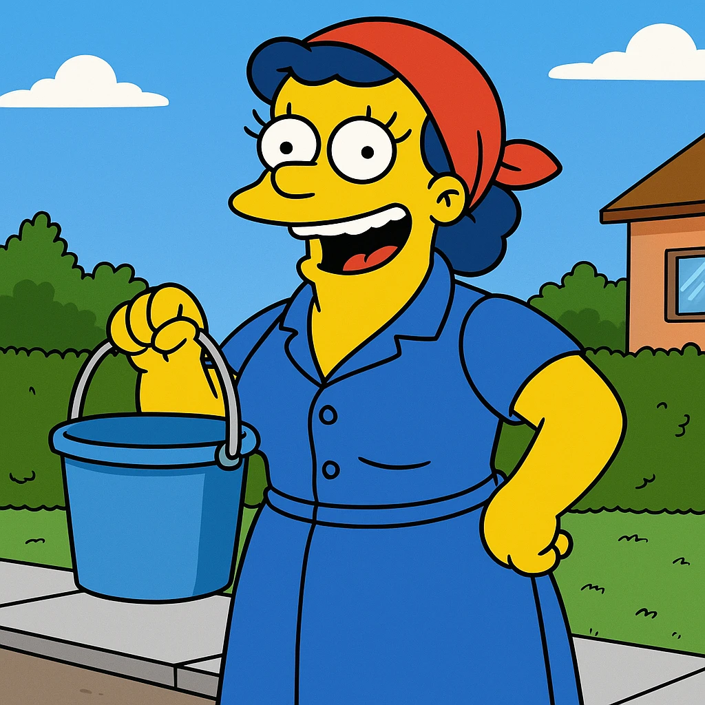 cheerful cleaning woman in Simpsons style, yellow skin, blue uniform, red headscarf, holding a bucket, cartoon background emoji
