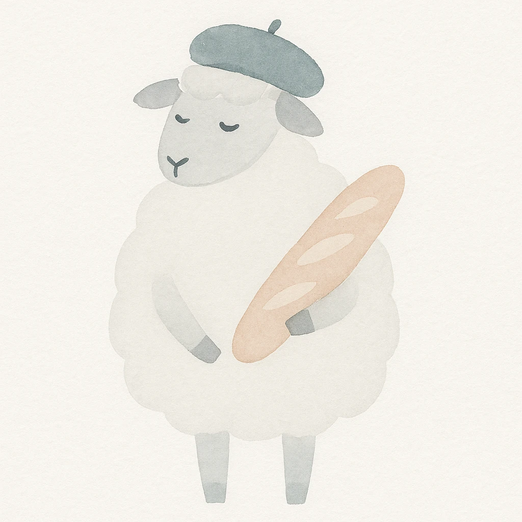 a French sheep with a beret and baguette, watercolor art style emoji