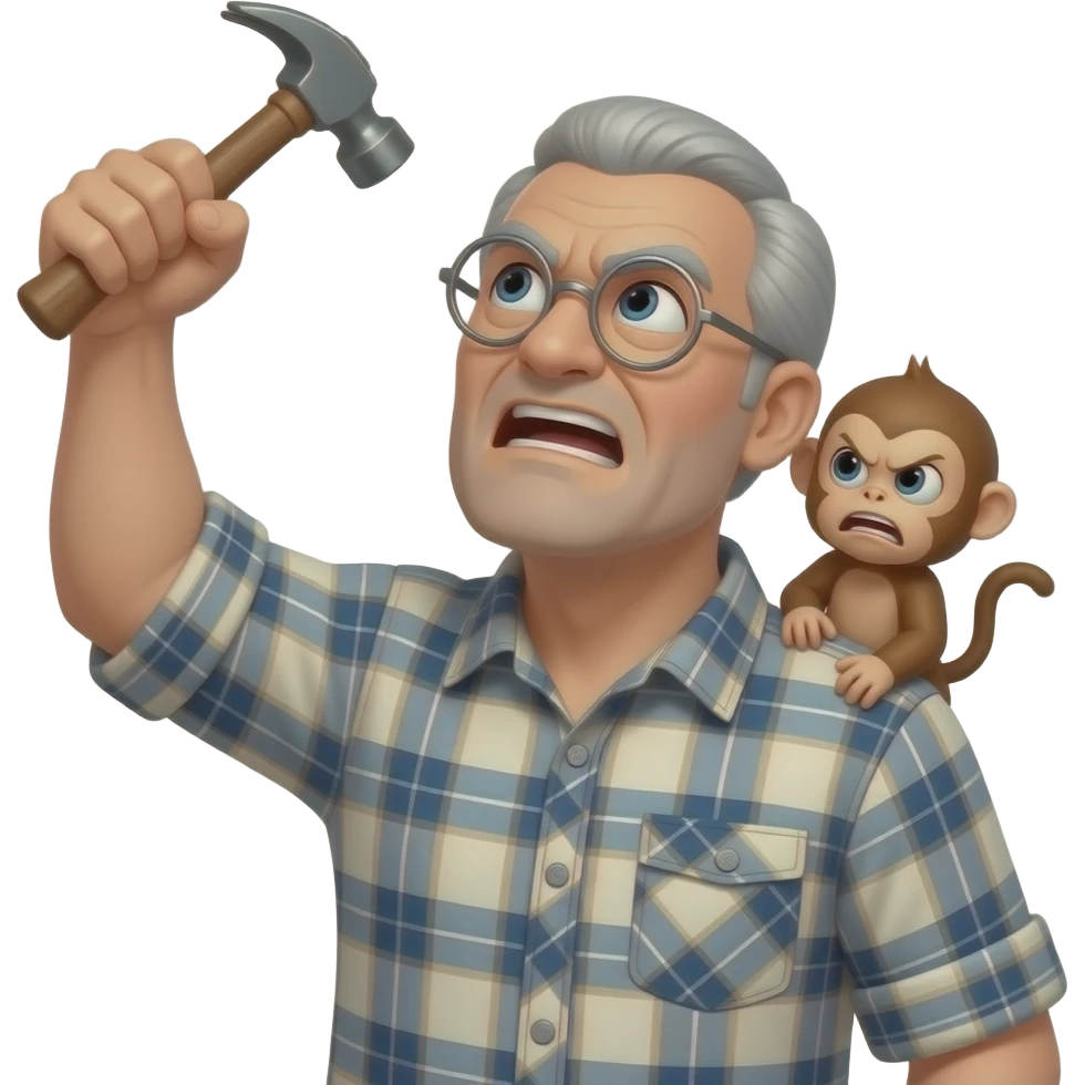 grumpy angry old man wearing a plaid shirt with silver round glasses with with grey hair and no beard or mustache looking at the sky and shaking his fist at the sky with a hammer in his left hand and an angry baby monkey on his shoulder emoji