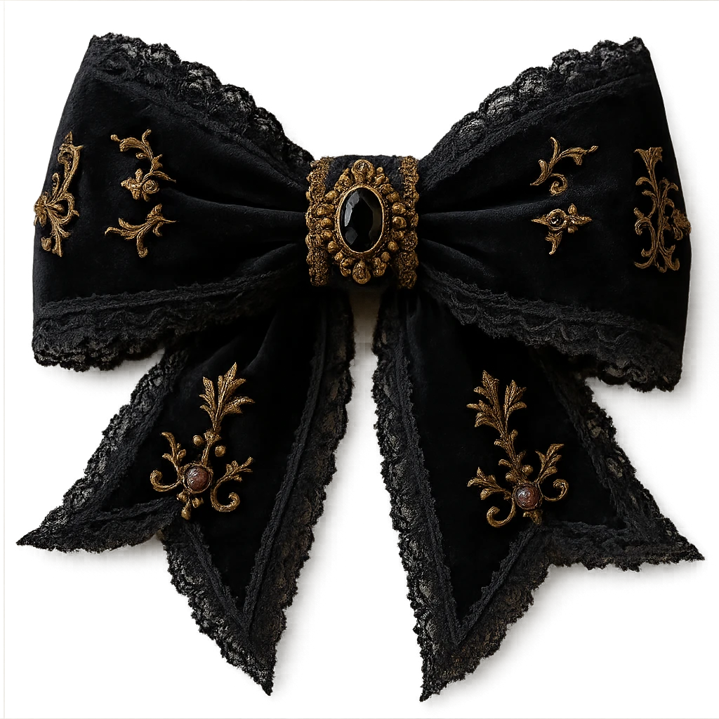 Add lace and velvet details to the gothic bow and accessories in a photorealistic style. Keep the background transparent if possible. emoji