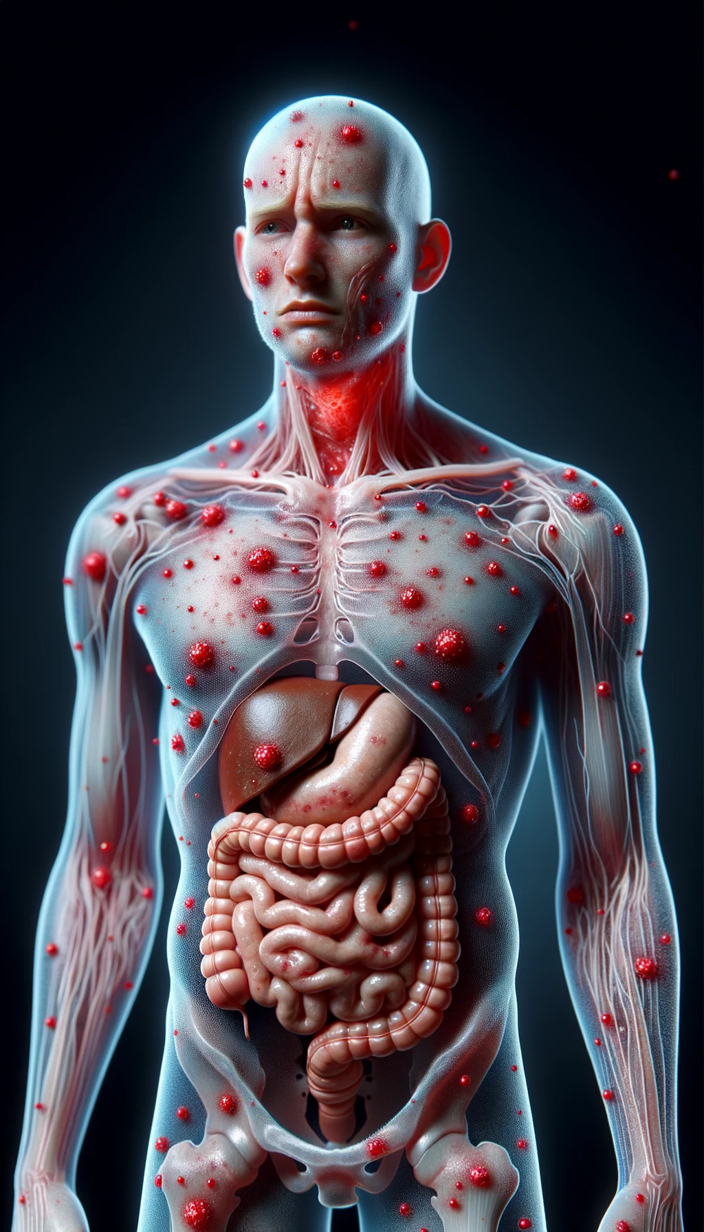 corpo umano anatomico con parassiti nell'intestino e red spot di infiammazione sparsi sul corpo, espressione di dolore in volto, iperrealistico 4k  emoji