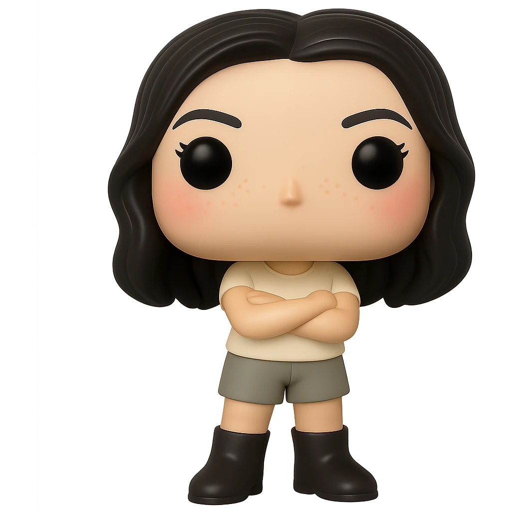 Edit the image into a Funko Pop style vinyl figure with realistic details. The figure should have no mouth, cream-colored top, grey bottoms, dark boots, and arms crossed. Add slightly rosy cheeks, very light freckles, and a mischievous and cheerful expression. The figure has dark hair. Remove the background to make it transparent. emoji