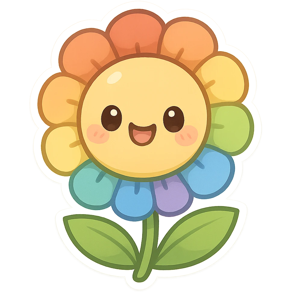 chibi sticker-style rainbow flower, cute and exaggerated emoji