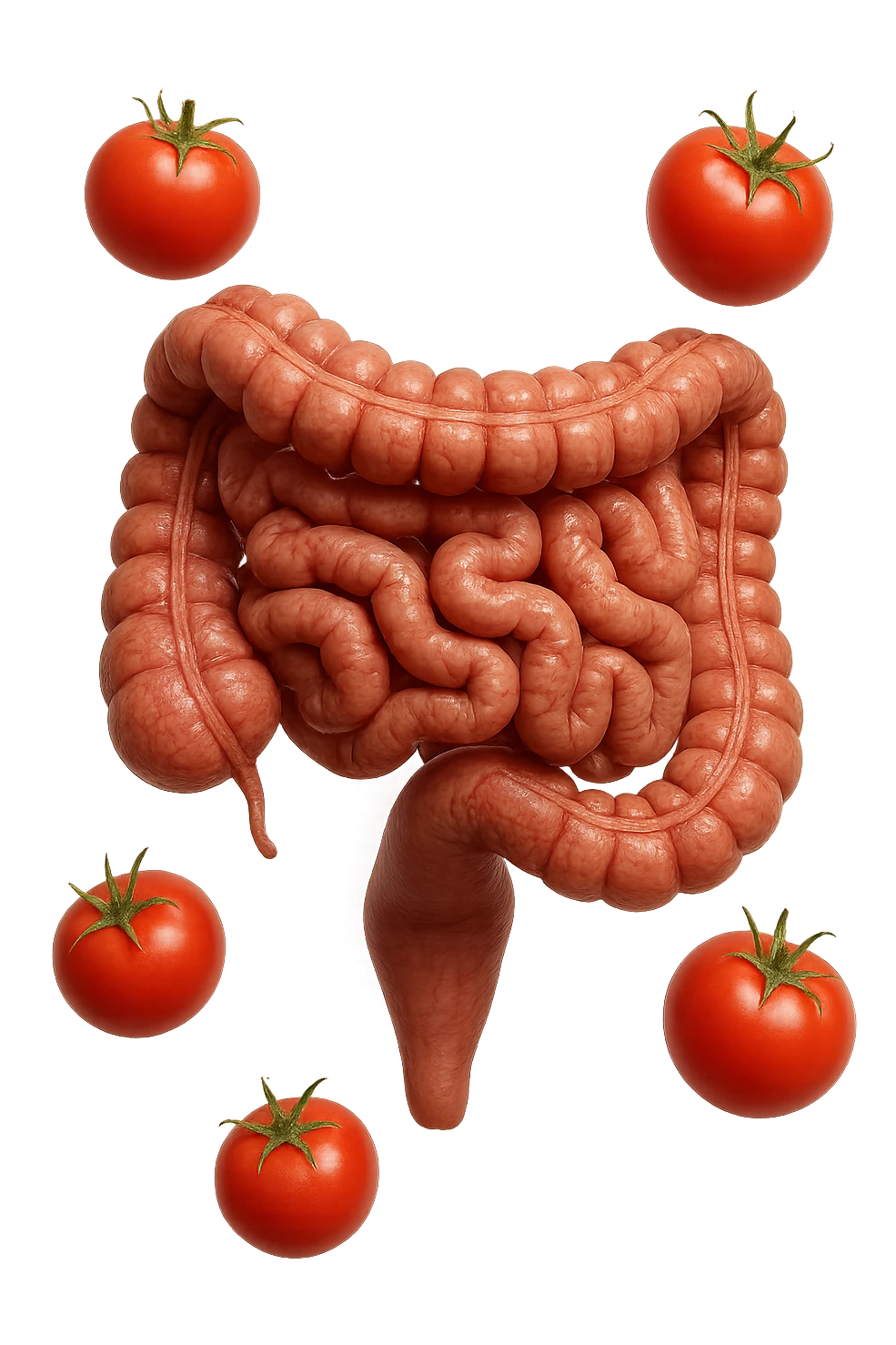 intestino umano anatomico con pomodori che gli fluttuano intorno, iperrealistico 4k emoji