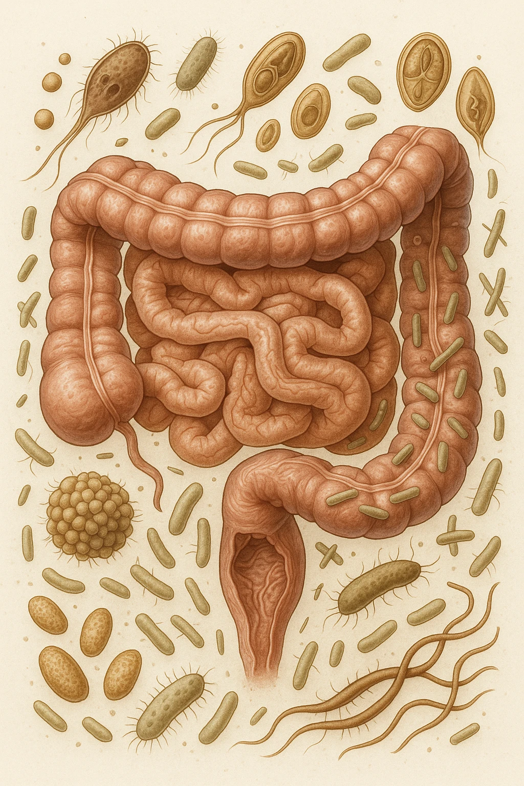 INTESTINO UMANO ANATOMICO CON BATTERI E PARASSITI INTORNO, SFONDO CHIARO NEUTRO, IPERREALISTICO 4K emoji