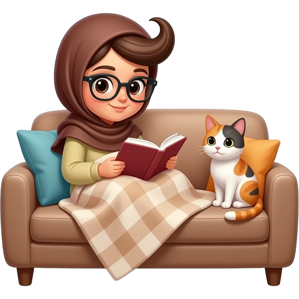 Make an emoji of a cute hijabi brown girl with only one curls sticking out studying while curled up on a couch with a cat next to her and some blanket on her. must be emoji style, and she is pakistani. also make sure not too much is coming out of her hijab, just that one curl strand. emoji