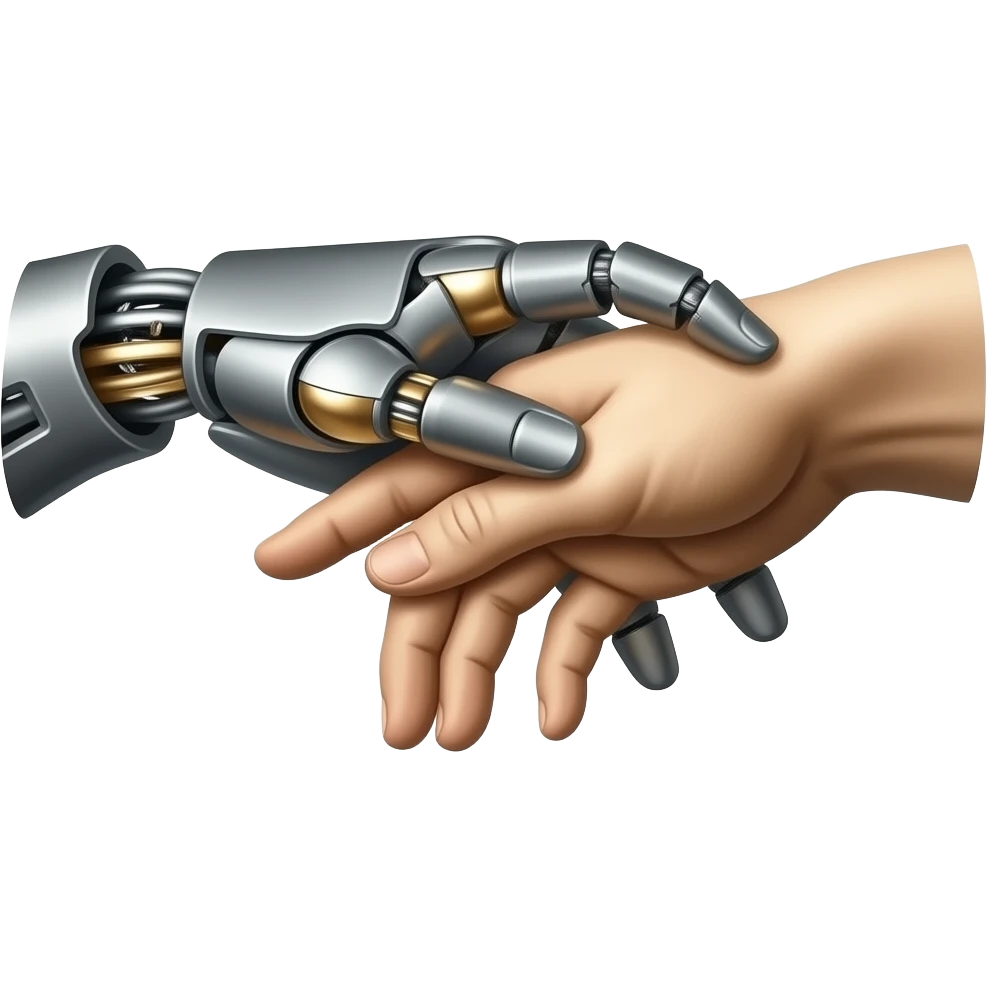 the touch of the fingers of two palms as in Michelangelo's painting in the Sistine Chapel, but mechanically constructed emoji