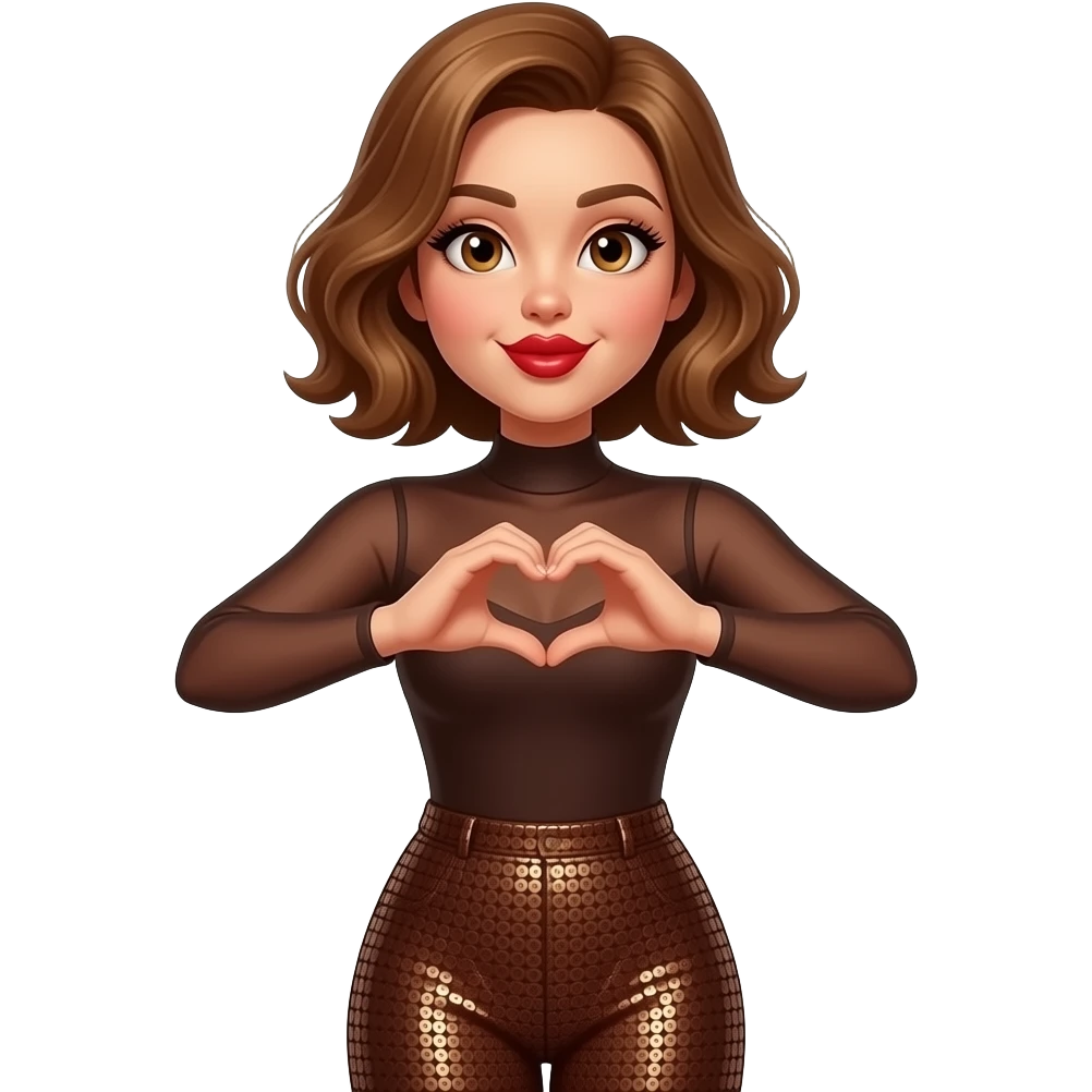 glamours,-tanned,-very-beautiful-woman-with-big-plump-red-lips,-long-lashes,-honey-silky-very short- hair,-wavy-hair,-hazel-eyes-that-are-smiling-wearing-Chocolate-brown-sheer-Long-sleeved-bodysuit-Brown-sequinned-pants-Her-eyes-sparkle-mouth-blowing-kiss-hands-up-making-a-heart-symbol- emoji