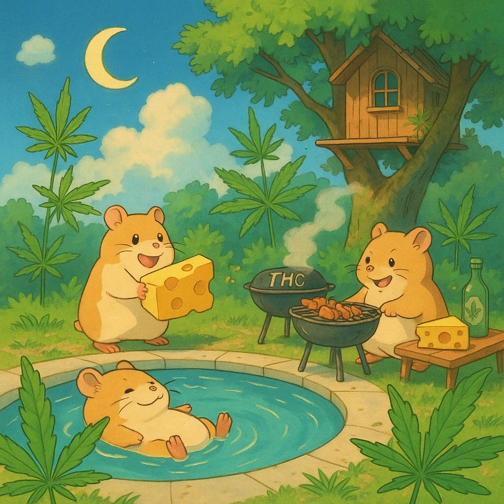 Discord server icon, square format, summer pool cookout with up to 3 hamsters playing and having fun, weed leaves, cheese, THC theme, no disco ball, no Discord logo, near a treehouse, possibly in space, Ghibli style, soft dreamy colors, nostalgic, fun, inviting, summer party vibe, clear composition emoji
