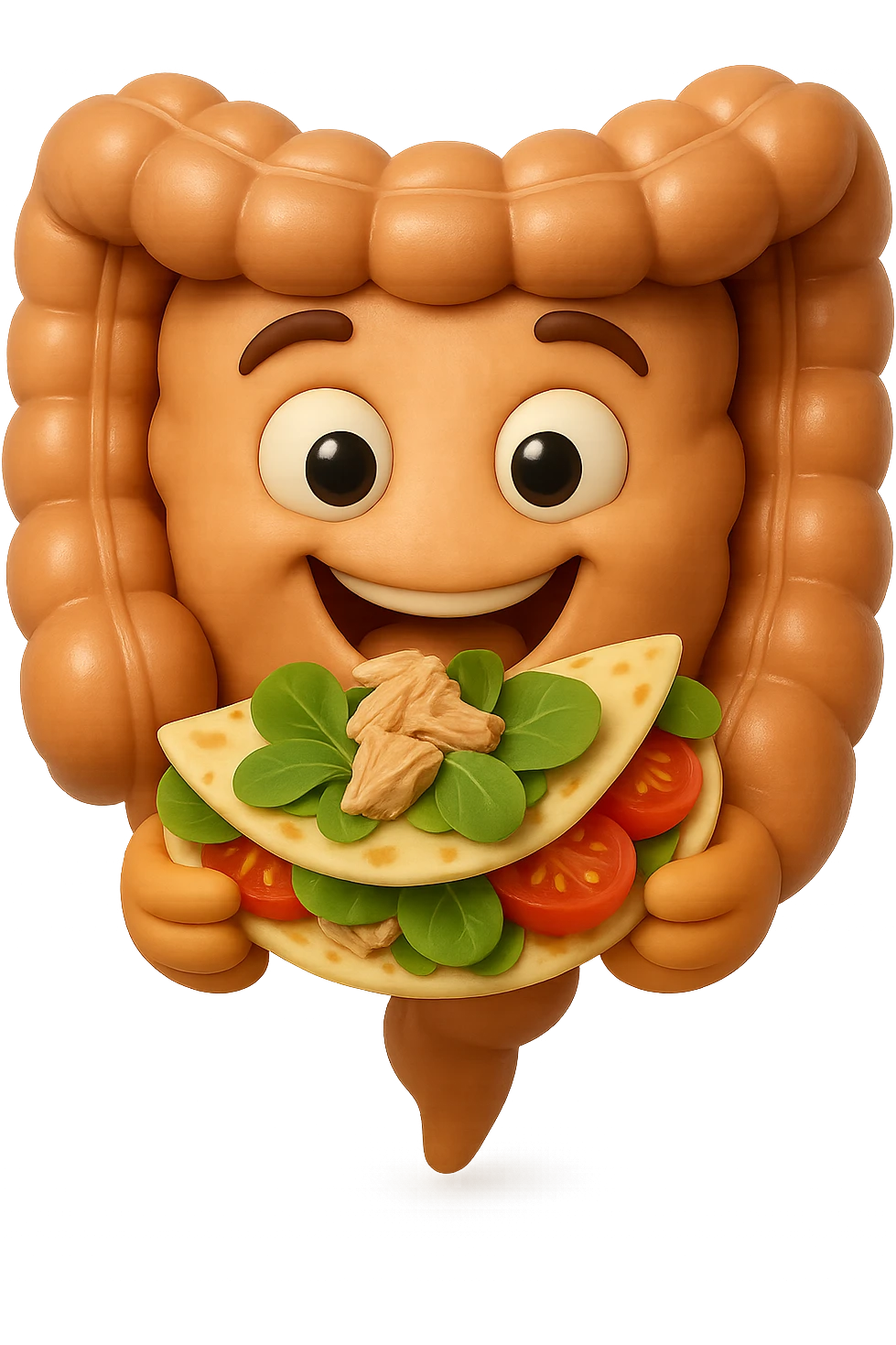 EMOJI STILE IPHONE DI un intestino che mangia una piadina con tonno, valeriana e pomodorini, iperrealistica 4k emoji