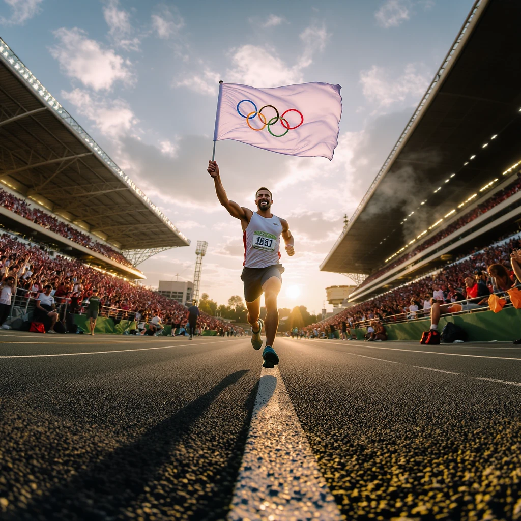 happy runner waving a white flag of Olympic emoji