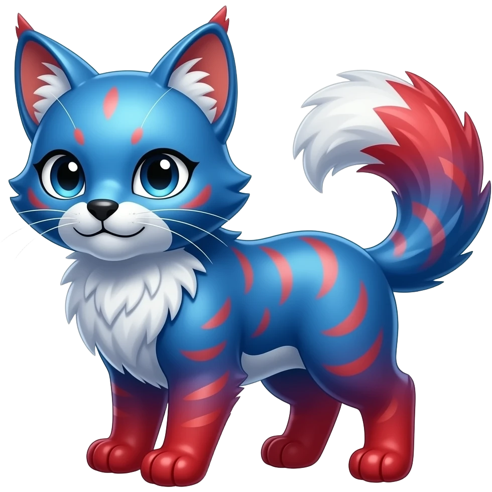 Cute kawaii cool edgy badass vibrant cyan-cobalt-blue-to-crimson-red gradient-colored iridescent glossy fur fantasy-caracal-civet-genet-sergal-vernid-Gryphon-Cacomistle-Trico-oncilla-animal-Fakémon-hybrid-fursona (full body), facial markings, (realism style) emoji